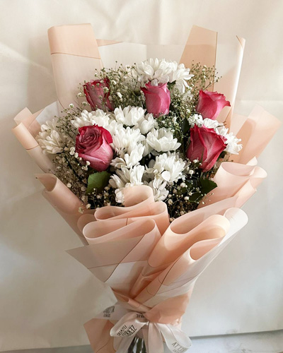 Red Rose and White Chrysanthemums Bouquet