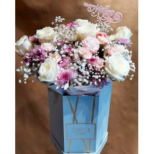Pink Chrysanthemums and White Rose Box Bouquet
