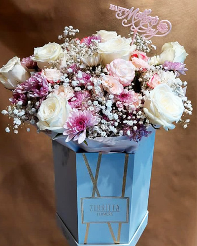 Pink Chrysanthemums and White Rose Box Bouquet