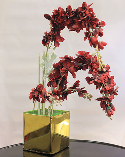 Red Flowers in Square Vase