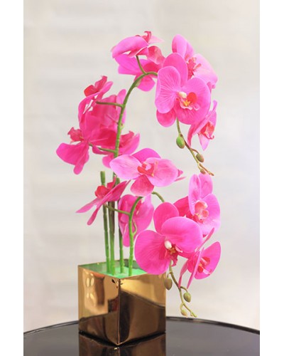 Golden Square Vase with Pink Blooms