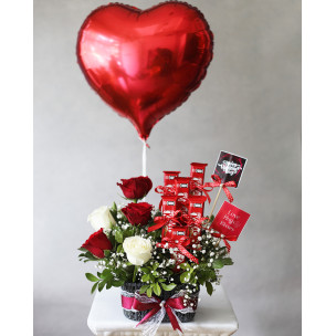 Valentine Balloon Bouquet with Red and White Roses