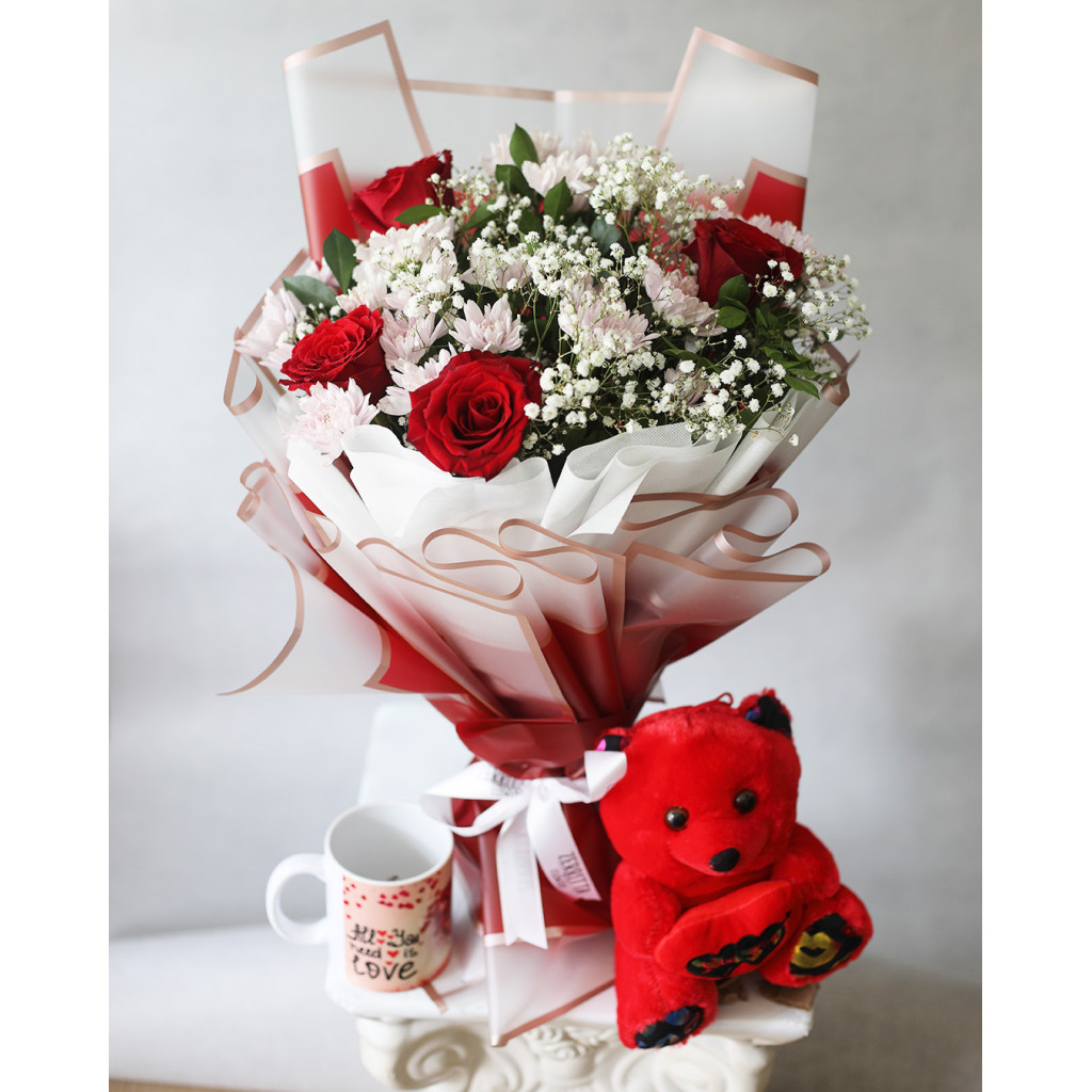 Red Roses and Baby’s Breath Valentine Bouquet