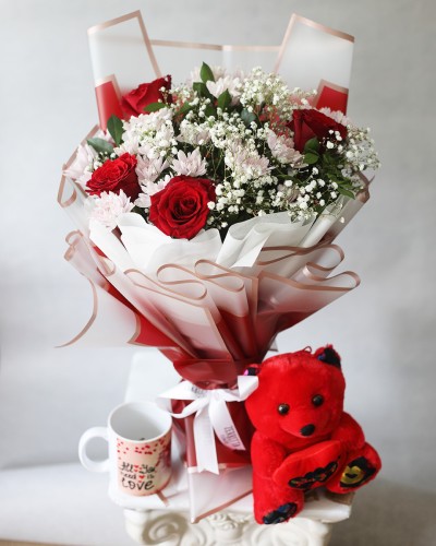 Chrysanthemums Red Roses and Baby’s Breath Valentine Bouquet
