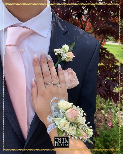 Pink and Yellow Fresh Rose Corsage and Boutonniere