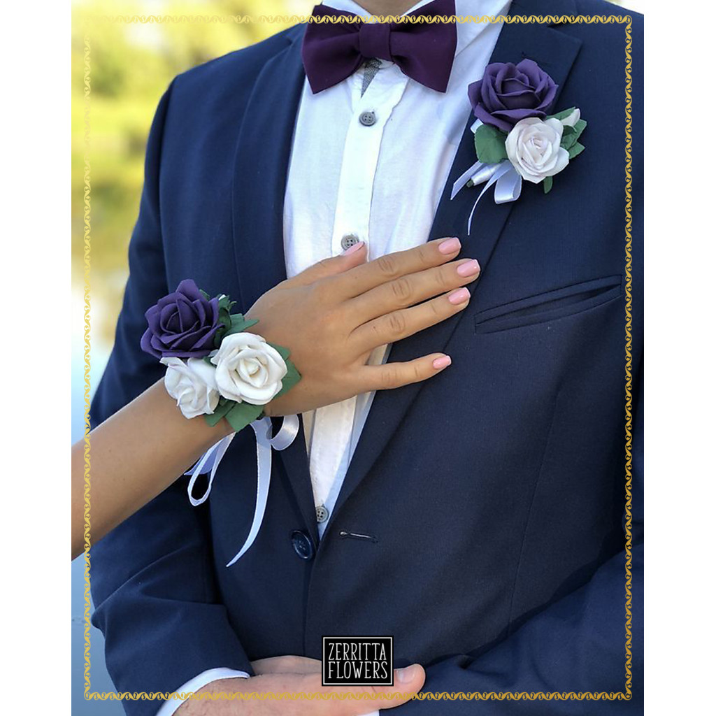 Blue and White Artificial Rose Corsage and Boutonniere