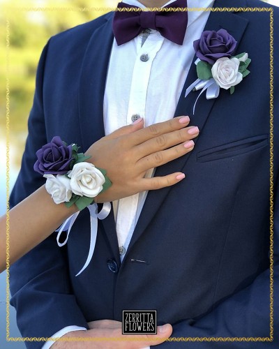 Blue and White Artificial Rose Corsage and Boutonniere